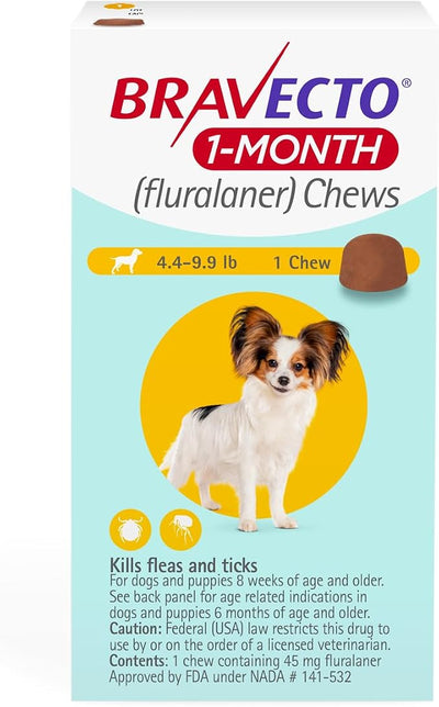 BRAVECTO 1-Month Chews for Puppies, 4.4-9.9 lbs., 1 Chew, Yellow Box | Flea Treatment, Flea Prevention, Tick Treatment, Tick Control, 1 Chew, 1 Month Supply, Dogs, Puppies