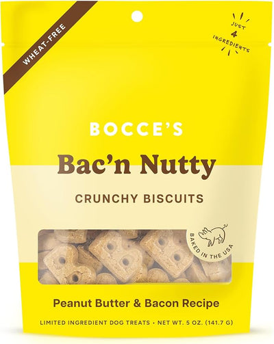 Bocce's Bakery Oven Baked Bac'N Nutty Treats for Dogs, Everyday Wheat-Free Dog Treats, Made with Real Ingredients, Baked in The USA, Natural PB & Bacon Biscuits, 5 oz