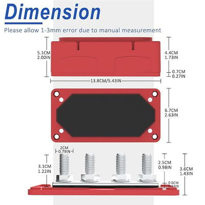 Heavy Duty Bus Bar 300A 12V Power Distribution Block with 3/8" (M10) 4-Posts Terminals Block with Cover for Automotive, Marine, Battery System (Red)