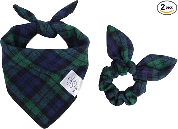 E-Clover Green Dog Bandanas Boy & Matching Scrunchie Set Plaid Scarf Kerchief for Small Dog Puppy Bandana Pet Owner Blue St Patrick Spring