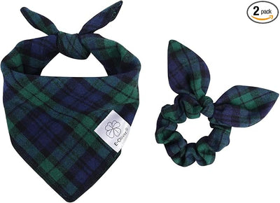 E-Clover Green Dog Bandanas Boy & Matching Scrunchie Set Plaid Scarf Kerchief for Small Dog Puppy Bandana Pet Owner Blue St Patrick Spring