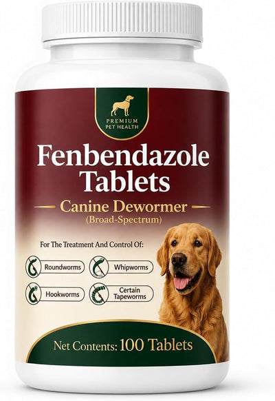 Canine Dewormer for Dogs (fenbendazole),for Treatment and Control of Tapeworms, Roundworms, Hookworms and Whipworms,100 Tablets, 100 mg per Tablet, Oral Tablets with Weight-Based Directions