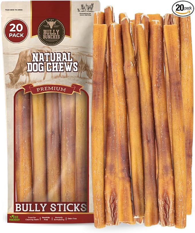 Bully Bunches Premium (12" Standard - 20 Pack) Odor-Free Bully Sticks for Small & Medium Dogs - Consistently Sized, Long Lasting Chew Bones - All Natural & Single Ingredient, 100% Beef Dog Treat