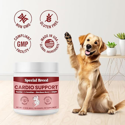 Taurine Supplement for Dogs – Heart Health & Circulation Support – Powder Formula with L-Carnitine, CoQ10 & Organic Hawthorn Berry – 120ct