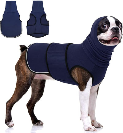 KOESON Dog Anxiety Relief Vest with Ear Cover, Soft & Breathable Dog Thunder Jacket for Thunderstorm, Fireworks, Travel, Separation, Reflective Calming Hoodie for Small Dogs, Navy Blue S