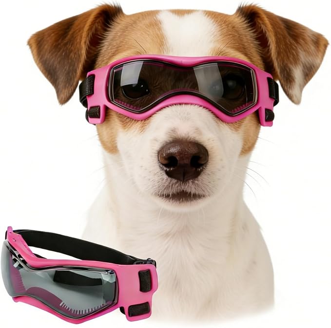 Enjoying Dog Sunglasses Medium Breed, Dog Goggles UV Protection, Cycling Eye Protection for Medium-Small Dogs, Outdoors Breathable Windproof Dustproof Anti-Fog, Adjustable Straps, Cool Pink
