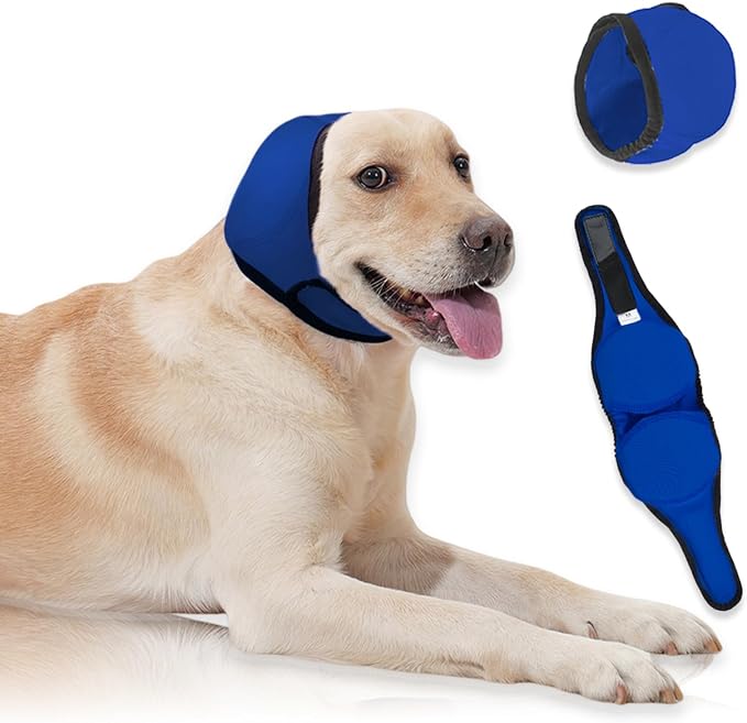 Dog Ear Covers,Dog Ear Muffs Noise Protection,No Flap Ear Wrap for Dogs Hematoma Recovery,Adjustable Calming Hoodie Shower Cap for Grooming,Bathing,Swimming & Anxiety Relief(Blue,M)