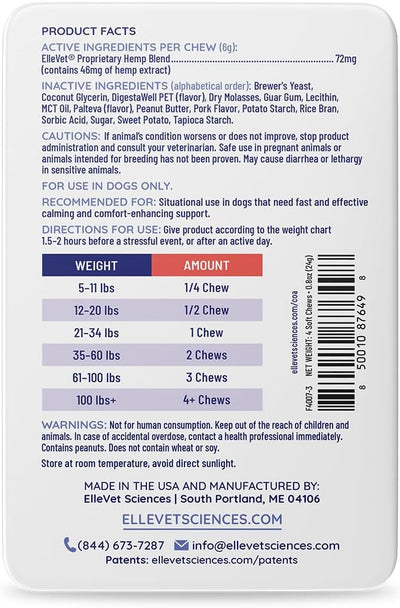 ElleVet Calming Chews for Dogs – Situational Stress Support – Calm & Comfort for Separation, Fireworks, Vet Visits & Storms – Made in USA – 4-Ct Tin