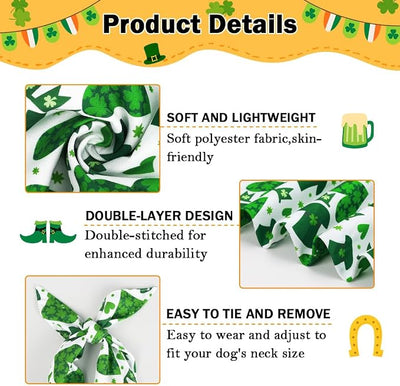 Vivifying St. Patrick's Day Dog Bandana, 2 Pack Bandanas for St. Patrick's Day Clothes Outfits, Reversible Triangle Dog Scarf, Pet Apparel & Accessories for Decorations (X-Large, Green&White)