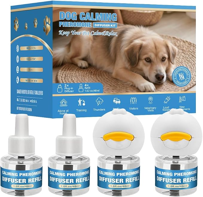 Dog Calming Diffuser for Dogs, 2 Diffusers + 4 Refills, Helps Relieve Anxiety, Stress, Barking, Hyperactivity & Nervous Behavior, Long-Lasting Calming Support for Home Use