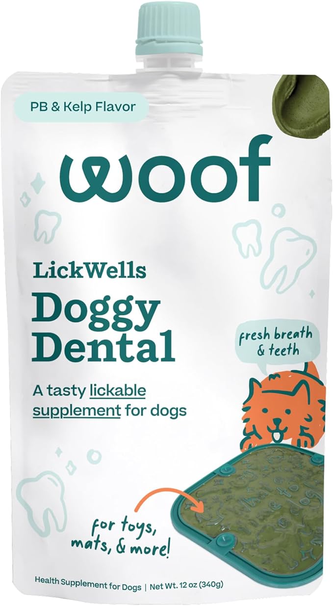 WOOF LickWells Doggy Dental - Teeth Cleaning Supplement and Breath Freshener for The FlipMat and LickMat - Postbiotic Squeezable Dog Treats to Support Oral Health for Dogs - 12 oz PB & Kelp Flavor.