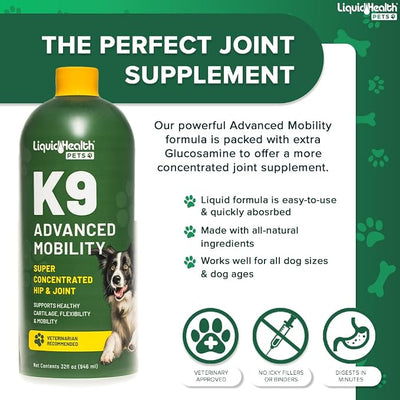 LIQUIDHEALTH Pets K9 Advanced Mobility Liquid Glucosamine Level 5000 for Large Dogs with Chondroitin, MSM, Boswellia Serrata - Dog Hip & Joint Health Vitamins, Pet Joint Oil Juice - USA Made (32 oz)