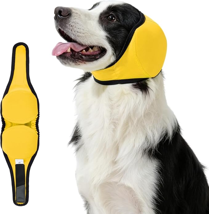 Dog Ear Covers for Bath,Shower,Elastic Dog Ear Muffs Noise Reduction Anxiety Relief,No Flap Ear Wrap Calming Hood for Grooming,Blow Dry,Thunder,Waterproof Ear Protection for Dogs(Yellow,L)