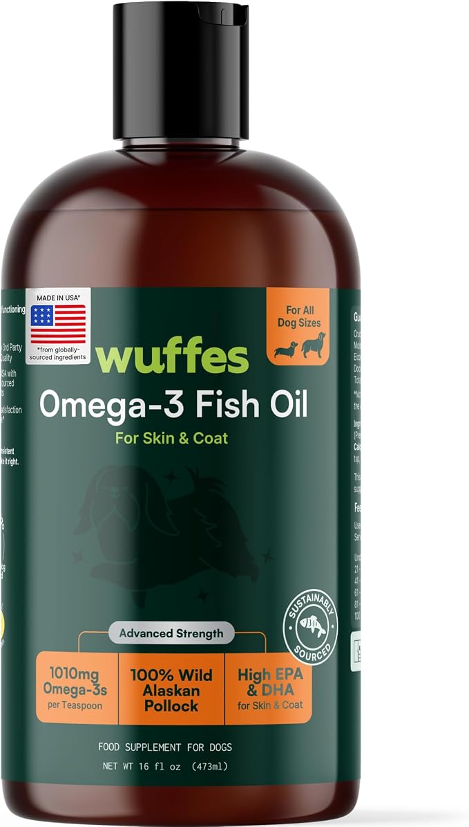 Wuffes Advanced Omega 3 Fish Oil for Dogs, Natural EPA & DHA Fatty Acids, Supports Healthy Skin and Coat, Joint Nutrition, Digestion & Immune System - 100% Pure Wild Alaskan Fish Oil, 16 Oz