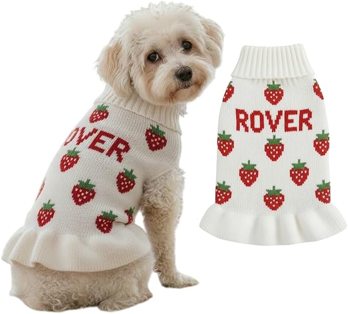 Personalized Dog Sweater Dress for Dogs and Cats, Custom Name Winter Strawberry Bowtie Knit Sweater for Girls, Soft Puppy Knitwear Clothes, Gifts Dog and Cat Lovers