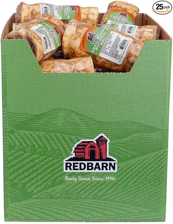 Redbarn Pet Products All-Natural Beef Cheek Rolls for Dogs, Grain-Free Cow Cheeks, Rich in Collagen, Available in Chicken & Carrot Glaze or Uncoated Chicken & Carrot, Small/Medium (Pack of 25)