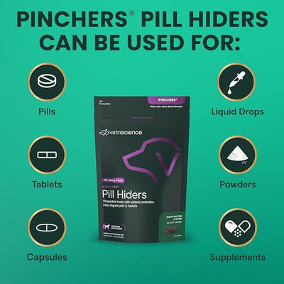 VetriScience Extra Large Pinchers Pill Hiders Chews Non-Greasy Pill Wrap with Probiotics for Dogs, Disguise Pills, Capsules & Tablets, Gut & Immune Health, Peanut Butter, 45 Counts