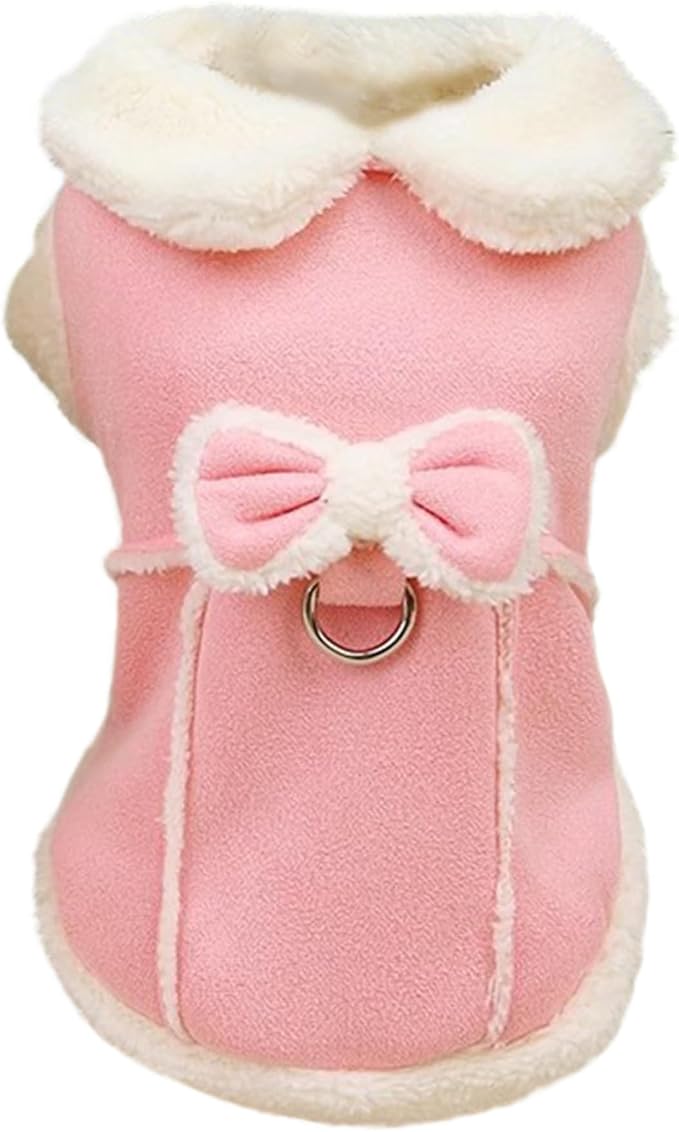 Dog Winter Coat Jacket Fleece Vest |Dog Fleece Jumper for Small Girls Warm Coat Soft Vest with Bow and D-Ring Cute Winter Clothes with Fuzzy Collar S