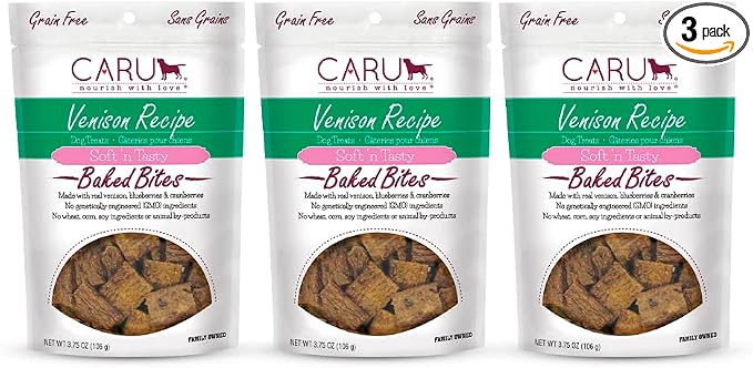 Caru - Soft n’ Tasty Baked Bites - Venison Bites Dog Treats - Flavorful Training Treats - 3.75 oz Bags - Pack of 3