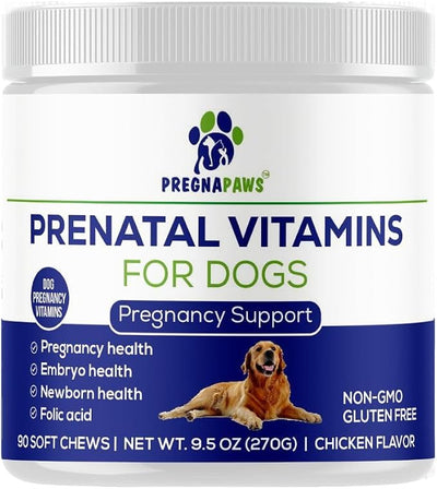 Dog Prenatal Vitamins - Supports Healthy Pregnancy, Puppy Development & Lactation - Rich in Folic Acid, Iron & Calcium - Advanced Prenatal Supplement for Pregnant and Nursing Dogs - 90 Soft Chews
