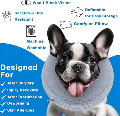 Inflatable Dog Cone (M Size), Medium Size Dog Cone Alternative, Soft Blow-up Protective Recovery Collar, Comfy Elizabethan Collar After Surgery for Cat to Prevent Licking, Grey