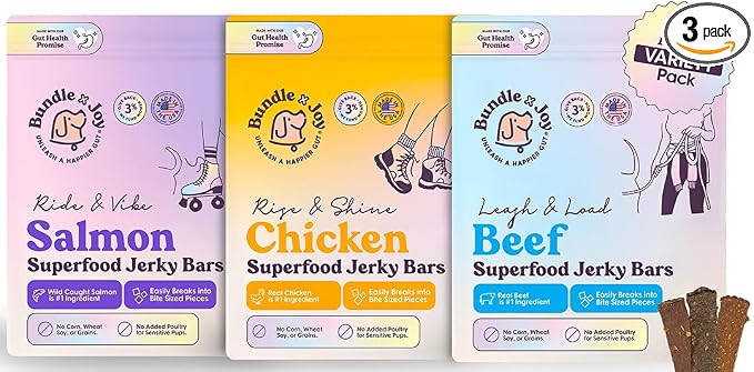 Bundle x Joy Dog Treats Jerky Snack Bars, Variety 3-5 oz Bags, Training Treats, Natural Superfood Grain Free, Real Salmon, Chicken, Beef, Superfoods, Corn & Soy Free