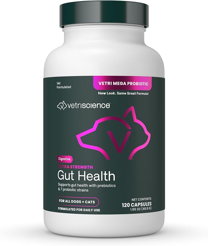 VetriScience Extra Strength Gut Health Probiotic & Prebiotic Digestive Supplements for Dogs & Cats, Gas & Diarrhea & Immune Support, Easy-Open Capsules, 120 Count