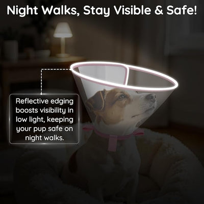 Clear Dog Cone for Small Dogs After Surgery, Adjustable E-Collar to Stop Licking with Padded Neck for Shih Tzu, Yorkie, Soft Recovery Collar with Reflective Trim for Night Visibility, Pink XS