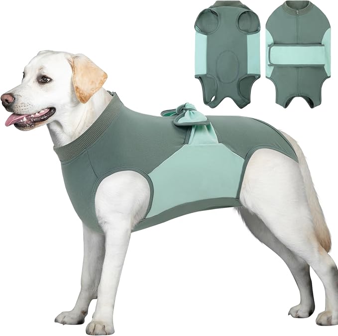 SAWMONG Recovery Suit for Dogs, Cotton Zipper Dog Surgery Suit Female Spay Pet Male Breathable, Neuter Dog Onesie Clothes Bodysuit Prevent Licking Wounds, Substitute E-Collar & Cone(Green, 2X-Large)