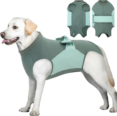 SAWMONG Recovery Suit for Dogs, Cotton Zipper Dog Surgery Suit Female Spay Pet Male Breathable, Neuter Dog Onesie Clothes Bodysuit Prevent Licking Wounds, Substitute E-Collar & Cone(Green, 2X-Large)