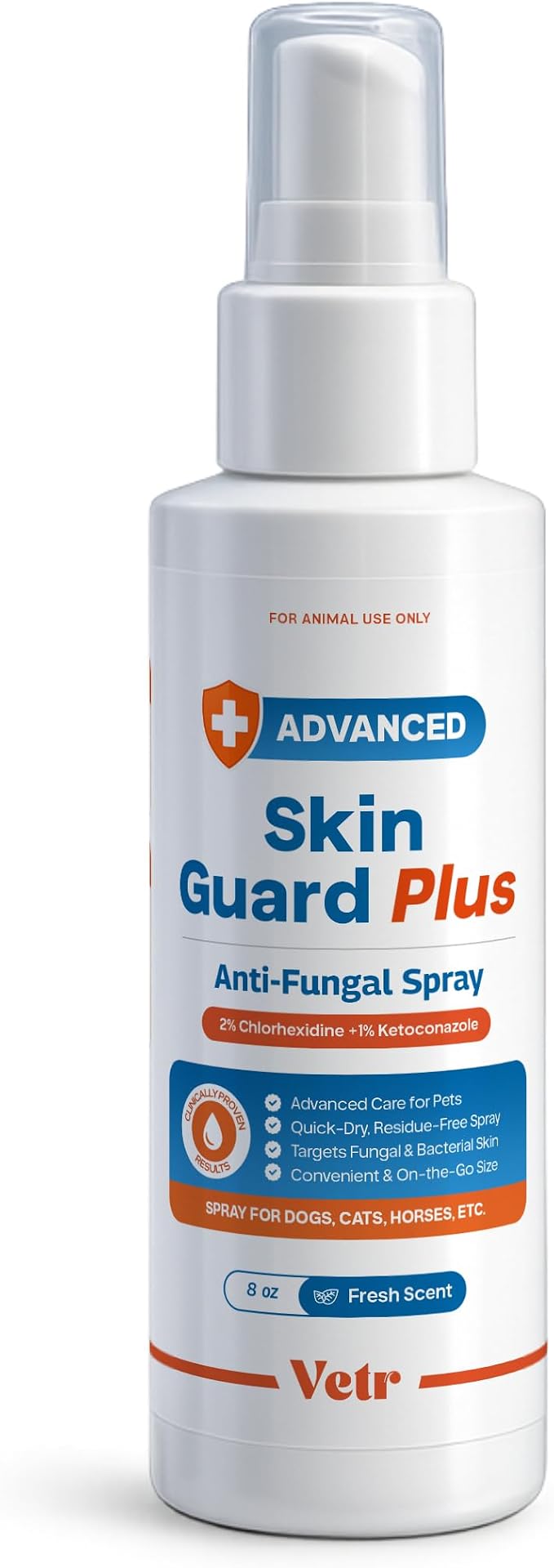 vetr Skin Guard Plus Chlorhexidine Ketoconazole Spray, Dogs Cats Horses, 8oz | One 8 oz bottle, Fresh Scent, 2% / 1% dual-action formula, Soothes itchy, irritated skin, Controls odors