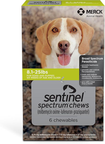 SENTINEL SPECTRUM Chews for Dogs, 8.1-25 lbs, 6 Chews, 6-Month Supply, Green Box