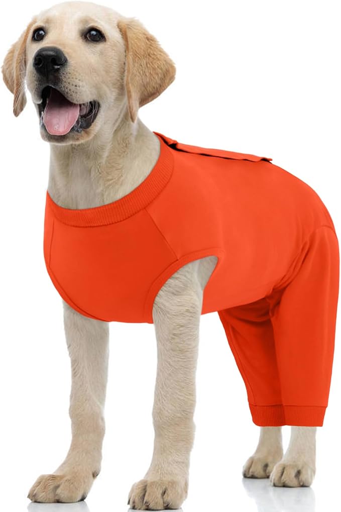 Kuoser Dog Recovery Suit with Anti Licking Rear Leg Sleeve, Orange M | Abdominal Dog Surgical Suit with Pants Cover Protect Wounds, Dogs Elbow Protector Soft Pet Surgery Onesie Cone Alternative