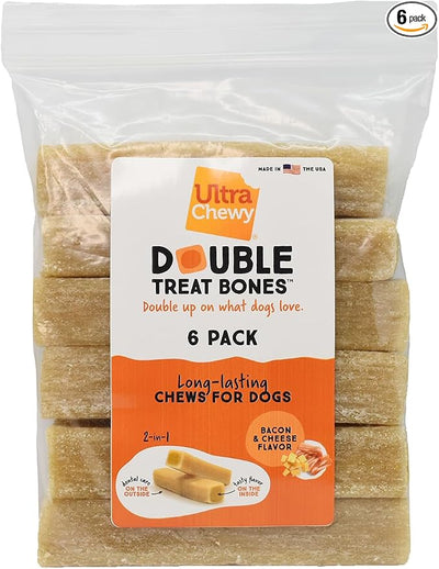 Ultra Chewy Bacon and Cheese Double Treat Bones: Long-Lasting Chews Made in USA, Highly Digestible, for Aggressive Chewers (6 Count)
