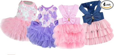 Dog Dresses, Fashion Pet Dog Clothes, Striped Mesh Puppy Dogs Princess Dresses (Purple/Pink(4pack), Small)