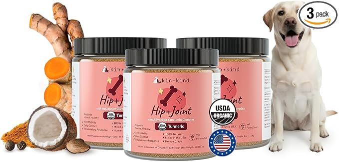 kin+kind Organic Turmeric Hip and Joint Supplement for Dogs and Cats – Supports Healthy Joint Mobility and Inflammatory Response – Vet Formulated – 3x4 oz