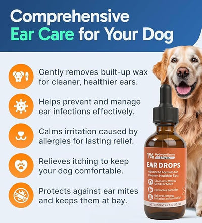 Dog Ear Cleaner Drops with 1% Hydrocortisone, Natural Infection Treatment for Dogs and Cats, Yeast Infection and Itchy Ear Relief, 2 fl oz