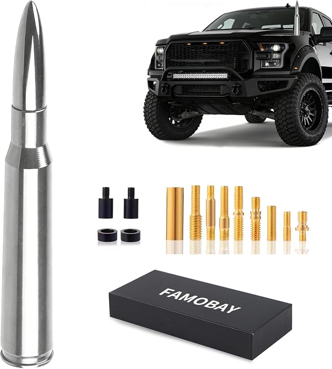 Famobay Chrome Stubby Bullet Antenna Car Truck Antenna Chevy Silverado & GMC Sierra Trucks Heavy Duty Pickup Trucks Accessories（7.8inch Chrome）