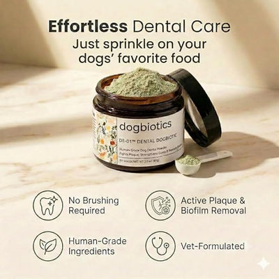 Dogbiotics DE-01 Dog Dental Powder - Clinically Studied Oral Postbiotic for Plaque, Tartar & Gum Support, Targets Bad Breath - Human-Grade Ingredients, Made in USA, No Brushing - 180 Scoops (6oz)
