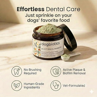 Dogbiotics DE-01 Dog Dental Powder - Clinically Studied Oral Postbiotic for Plaque, Tartar & Gum Support, Targets Bad Breath - Human-Grade Ingredients, Made in USA, No Brushing - 60 Scoops (2oz / 60g)