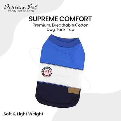 Parisian Pet World Champion Dog Tank Top - Breathable Cotton Pet Apparel - Blue Puppy Clothes - Lightweight Doggie T Shirts for Dogs - Comfortable Sporty Dog Clothes - Summer Shirts for Medium Dogs