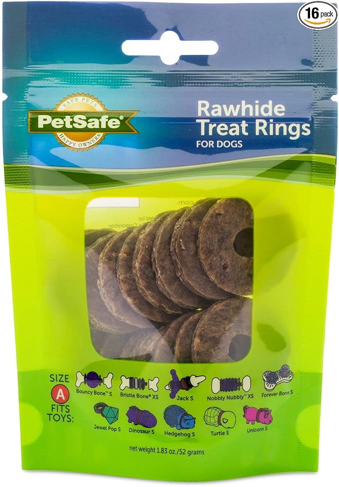 PetSafe Natural Rawhide Rings – Dog Toy Treat Ring Refills for Busy Buddy Dog Toys – Original Flavor – Small, Size A – 16 Rings