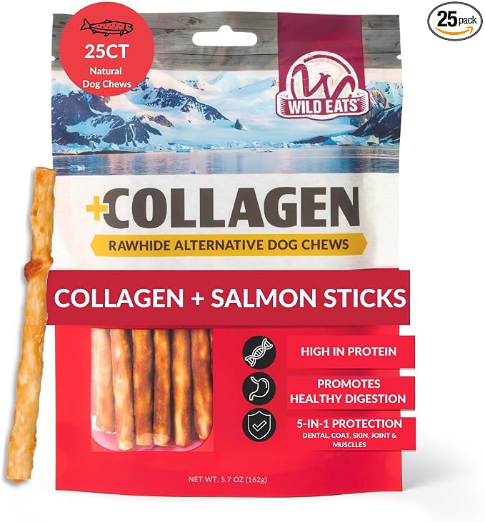 Wild Eats Collagen Real Salmon Bully Sticks for Dogs 25ct - Long Lasting Dog Chews No Hide Dog Treat Bully Stick Alternative, Rawhide Free, Grain Free, High Protein