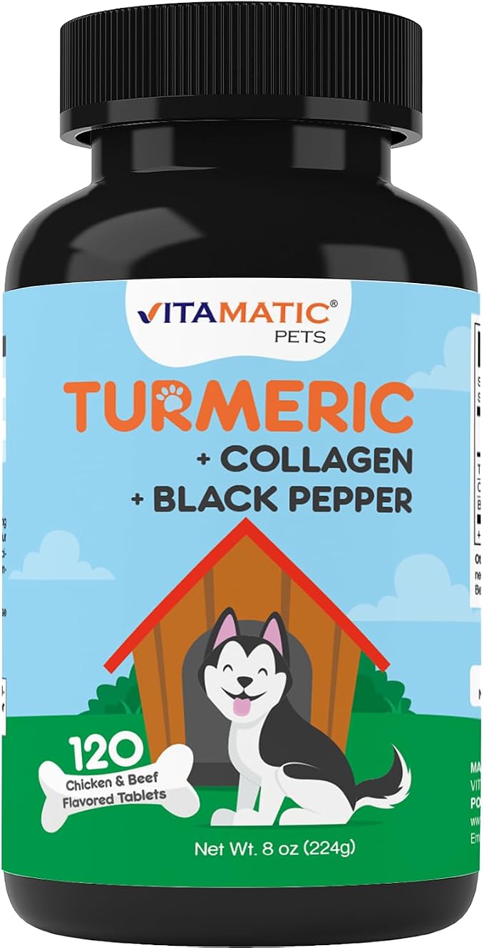 Vitamatic Turmeric for Dogs – 120 Chewable Tablets – Anti-Inflammatory Pain Relief with Curcumin, Collagen & Black Pepper – Hip & Joint Support for Dogs