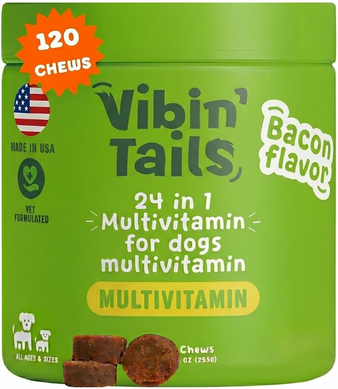 Vibin’ Tails 24-in-1 Dog Multivitamin, Glucosamine Chondroitin Hip & Joint Support, Probiotics & Omega-3, Skin & Coat - Puppy & Senior Chewable Dog Vitamins & Supplements Vet Formulated - 120ct Bacon