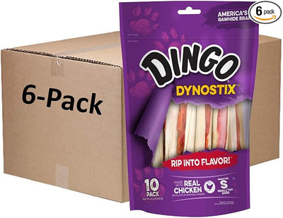Dingo DynoStix 10 Count, Rawhide Sticks For Small Dogs, Made With Real Chicken, Pack of 6