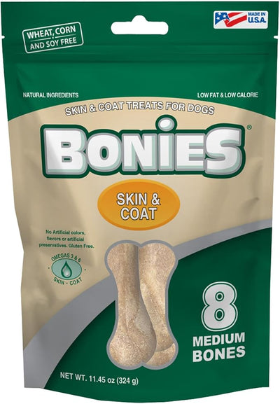 Bonies Natural Skin & Coat Formula Medium-Sized Single Bone - Promote Silky Coat & Healthy Skin, Healthy Teeth & Fresh Breath, Low Calories - Chicken Flavor, [Medium Dogs], 8 Bones
