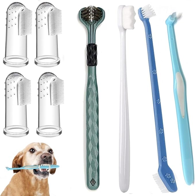 Dog Toothbrush Kit, Triple Head, Dual-Ended, Finger Toothbrush, Nylon Bristles, Manual, Reusable, for Dogs and Cats Oral Dental Health(8 Kit)