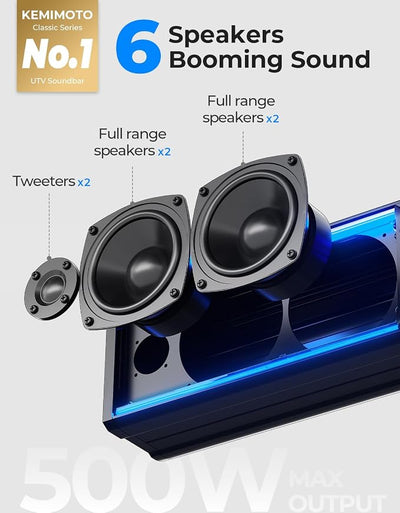 KEMIMOTO 6-Speaker Metal UTV Sound Bar, 25-inch IP65 Waterproof Golf Cart Sound Bar, ATV Speaker with RGB, SxS Soundbar Compatible with Polaris RZR Can-Am w/ 1.25 in - 2 in Roll Bar