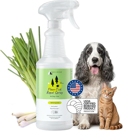 kin+kind Natural Flea and Tick Prevention for Dogs & Cats, Non-Greasy Coat Spray, Lemongrass, Vet-Formulated, 32 fl oz